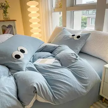 Комплект постельного белья A-Class Kawaii с вышивкой из стираного хлопка, однотонный пододеяльник, простыня для студенческого общежития, комплект пододеяльников 150x200 3pcs