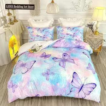 Комплект постельного белья «Бабочка» Полный размер, Комплект постельного белья «Радуга» Для Девочек, Комплект одеяла «Радуга» С Бабочками, Розовый Фиолетовый EU Single 135x200cm
