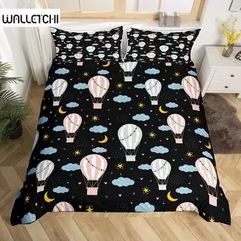 Комплект постельного белья Balloon Duvet Cover Set King Twin Size Polyester Hand Painted Style Floating Hot Air Balls With Clouds Moon Print Set EU single(135x200cm)