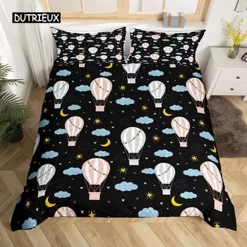 Комплект постельного белья Balloon Duvet Cover Set King Twin Size Polyester Hand Painted Style Floating Hot Air Balls with Clouds Moon Print Set EU single(135x200cm)