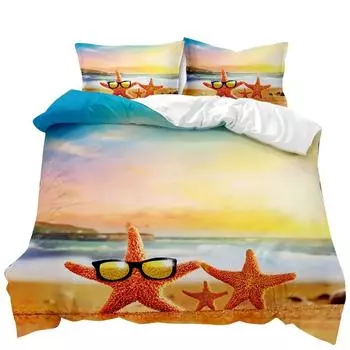 Комплект постельного белья Beach Summer Ocean Комплект постельного белья Hawaiian Marine Sea Waves 3D Print Starfish Полиэстеровый пододеяльник Queen King 70x133cm 2pcs