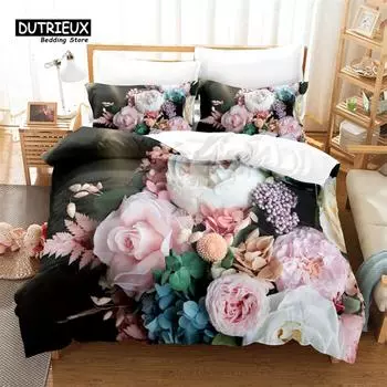 Комплект постельного белья Beautiful Flowers, комплект из 3 пододеяльников Flower, мягкий, удобный, дышащий пододеяльник, для декора спальни и гостевой комнаты EU single(135x200cm)