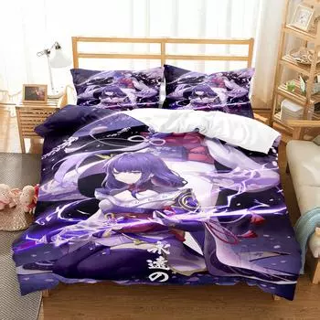 Комплект постельного белья Beelzebul Single Twin Full Queen King Size Genshin Lmpact Bed Set Aldult Kid Bedroom Raiden Shogun 3D Print 019 AU Single(140x210cm)