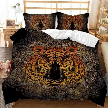 Комплект постельного белья Bohemian Tiger King Queen Size Boho Gold Animal Totem для подростков и взрослых, черный полиэстеровый пододеяльник EU Single 135x200cm