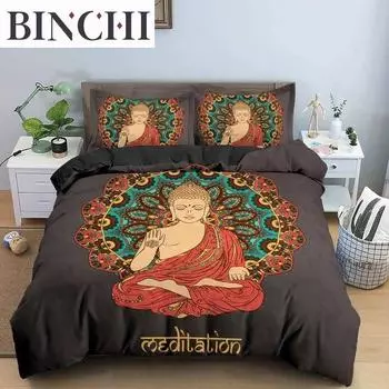 Комплект постельного белья Будда Индийская религия Буддизм Медитация Мандала Пододеяльник Улыбка Будды Цветочный мягкий пододеяльник Queen King Size 70x133cm 2pcs