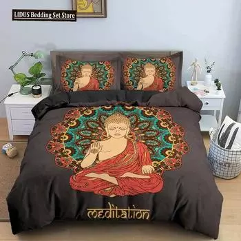 Комплект постельного белья Будда Индийская религия Буддизм Медитация Мандала Пододеяльник Улыбка Будды Цветочный мягкий пододеяльник Queen King Size EU Single 135x200cm