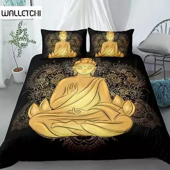 Комплект постельного белья «Будда» размера «king-size», экзотический этнический комплект постельного белья в богемном стиле из микрофибры с принтом золотой статуи Будды, великолепное покрывало для пододеяльника EU single(135x200cm)