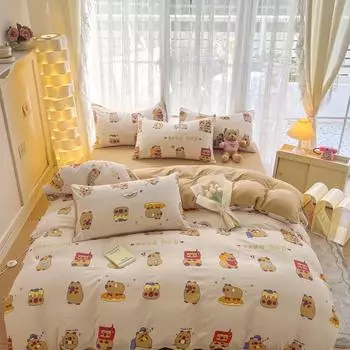 Комплект постельного белья Capybara Queen Size 4 шт. для любителей Capybara, подарки для мальчиков и девочек, пододеяльник с рисунком, двустороннее кофейное одеяло 150x200cm 4pcs set