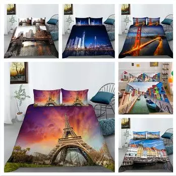 Комплект постельного белья Deluxe 3D с архитектурным узором, пододеяльник и наволочка, 2 или 3 предмета с высотной печатью, полноразмерное моющееся и удобное постельное белье UK Single 135x200cm