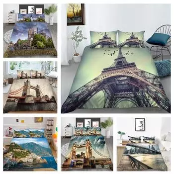 Комплект постельного белья Deluxe 3D с архитектурным узором, пододеяльник и наволочка, 2 или 3 предмета с высотной печатью, полноразмерное моющееся и удобное постельное белье UK Single 135x200cm