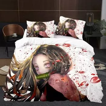 Комплект постельного белья Demon Slayer с рисунком из аниме и мультфильмов, пододеяльник, комплект односпальных и двухместных пододеяльников для взрослых и детей, декор для спальни, подарок на Новый год EU Single 135x200cm