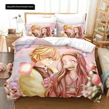 Комплект постельного белья Demon Slayer 3d, аниме, пододеяльник, наволочки, односпальная кровать, двуспальная кровать, двуспальная кровать, для мальчиков, девочек, мальчиков, подарок, домашний декор 70x133cm 2pcs