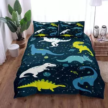 Комплект постельного белья Dinosaur Space Night Duvet Cover Set King Queen Double Full Twin Single Size Navy EU single(135x200cm)