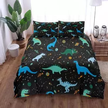 Комплект постельного белья Dinosaur Space Night Duvet Cover Set King Queen Double Full Twin Single Size Navy EU Single 135x200cm