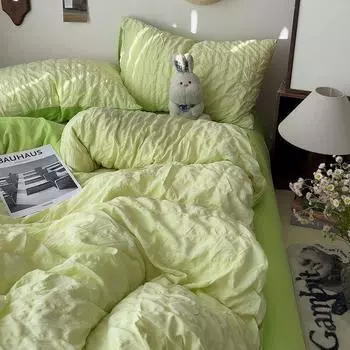 Комплект постельного белья для девочек из жатого хлопка, пододеяльник, корейский комплект из четырех предметов, простыня из стираного хлопка, комплект стеганого одеяла 2024Новинка 150x200 3pcs