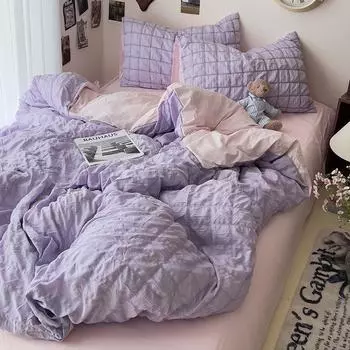 Комплект постельного белья для девочек из жатого хлопка, пододеяльник, корейский комплект из четырех предметов, простыня из стираного хлопка, комплект стеганого одеяла 2024Новинка 150x200 3pcs