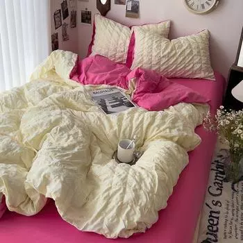 Комплект постельного белья для девочек из жатого хлопка, пододеяльник, корейский комплект из четырех предметов, простыня из стираного хлопка, комплект стеганого одеяла 2024Новинка 150x200 3pcs