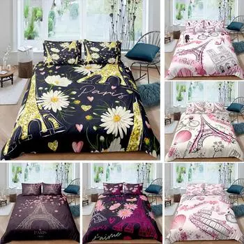 Комплект постельного белья для дома в стиле Парижской башни с цветами, пододеяльник и наволочка, 2/3 шт., односпальная кровать, двуспальная кровать, украшение для дома в ЕС/США/Австралии/Великобритании UK Single 135x200cm