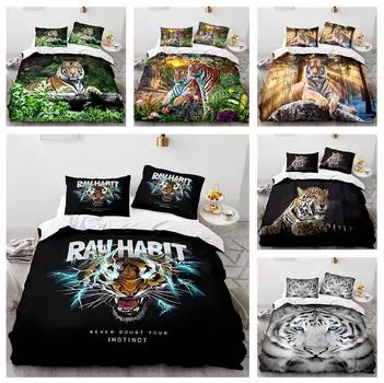 Комплект постельного белья для дома серии 3D Tiger с пододеяльником и наволочкой с принтом свирепого зверя, 2/3 шт. DE200 * 200, мужская комната, полноразмерное украшение для дома Baby 100x135cm