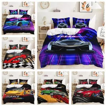 Комплект постельного белья для дома с 3D-гоночным узором, пуховый пододеяльник суперкара, комплект постельного белья для комнаты мальчика, полноразмерная односпальная/двуспальная кровать EU135 * 200, домашнее украшение Baby 100x135cm