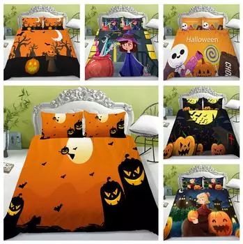 Комплект постельного белья для домашнего Хэллоуина с узором тыквы и лампы, пододеяльник и наволочка, 2/3, полноразмерное моющееся удобное постельное белье UK Single 135x200cm