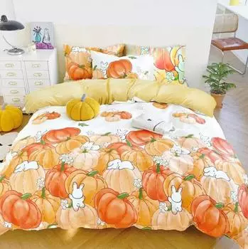Комплект постельного белья для двуспальной детской кровати, пододеяльник, покрывало с 2 наволочками, комплект постельного белья с изображением тыквенного кролика, 100% хлопок EU-Sigle135x200 3pcs