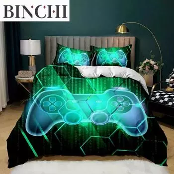 Комплект постельного белья для геймпада Twin King Size полиэстеровый игровой чехол для геймера Декор для мальчиков-подростков Зеленый неоновый комплект постельного белья для геймпада 70x133cm 2pcs