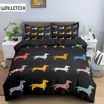 Комплект постельного белья для собак такса, милый красочный пододеяльник с изображением щенка, стеганое одеяло из полиэстера с рисунком из мультфильма, домашний текстиль для собак King Queen EU single(135x200cm)