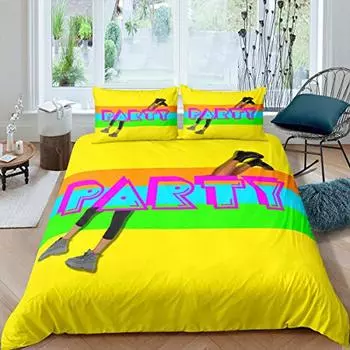 Комплект постельного белья для вечеринки, разноцветные полоски, пододеяльник в стиле хип-хоп, яркий цвет, хиппи, желто-зеленый, с 2 наволочками EU Single(135x200cm)