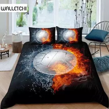 Комплект постельного белья для волейбола из микрофибры, спортивный мяч, тематика «Огонь и вода», волейбол, комплект постельного белья для двоих, двуспальная кровать размера «king-size» 140x200cm 3pcs