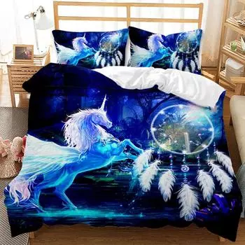 Комплект постельного белья Dream Catcher White Horse Forest Dream Catcher Blue Double Queen King Size Polyester Qulit Cover 70x133cm 2pcs