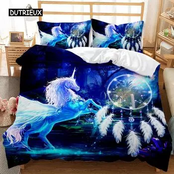 Комплект постельного белья Dream Catcher White Horse Forest Dream Catcher Blue Double Queen King Size Polyester Qulit Cover EU single(135x200cm)