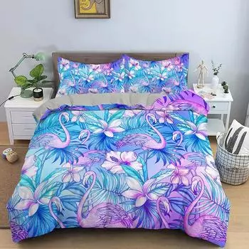 Комплект постельного белья Flamingo Purple Tropical Botanical Комплект постельного белья Coral Flamingo Soft Breathable Queen King Polyester Quilt Cover 70x133cm 2pcs