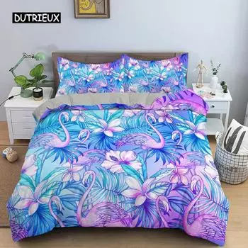 Комплект постельного белья Flamingo Purple Tropical Botanical Комплект постельного белья Coral Flamingo Soft Breathable Queen King Polyester Quilt Cover EU single(135x200cm)