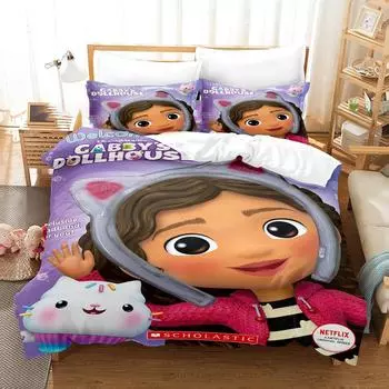 Комплект постельного белья Gabby Dollhouse 2_3 шт., 3D-печатный мультяшный пододеяльник, двуспальный, двуспальный, двуспальный, двуспальный, для взрослых и детей, постельное белье, пододеяльник EU Twin 135x200cm