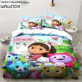 Комплект постельного белья Gabby s Dollhouse 3D с рисунком из мультфильма, пододеяльник, наволочки, стеганое одеяло, чехол для девочки, домашний декор, подарок, Twin, King, Queen, полиэстер EU Single 135x200cm