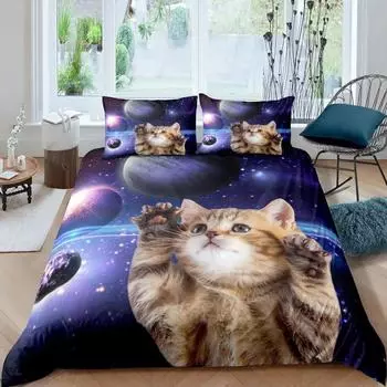 Комплект постельного белья Galaxy Cat из микрофибры Universe Galaxy, комплект постельного белья, милый котенок, чехол для одеяла, космические планеты, чехол для пододеяльника 70x133cm 2pcs
