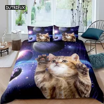 Комплект постельного белья Galaxy Cat из микрофибры Universe Galaxy, комплект постельного белья, милый котенок, чехол для одеяла, космические планеты, чехол для пододеяльника US Queen(228x228cm)