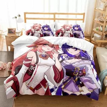 Комплект постельного белья Genshin Impact для детей, подростков, мальчиков, девочек, пододеяльник с наволочкой, постельное белье из микрофибры, постельное белье с мультяшными героями EU Twin 135x200cm