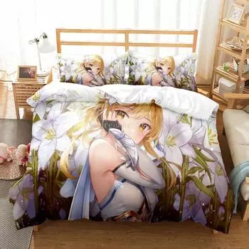 Комплект постельного белья Genshin Impact для детей, подростков, мальчиков и девочек, игровой пододеяльник с наволочкой, постельное белье из микрофибры, постельное белье с мультяшными героями EU Twin(135x200cm)
