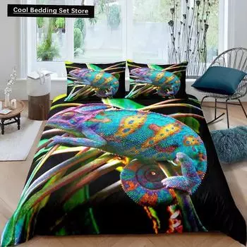 Комплект постельного белья «Хамелеон» с 3D-принтом «Дикие животные» для двоих, комплект постельного белья «Дикая природа», покрывало для мальчиков с зелеными листьями из полиэстера EU single(135x200cm)