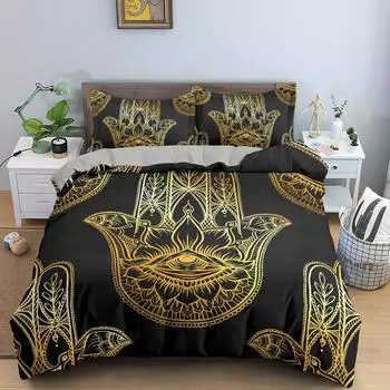 Комплект постельного белья Hamsa Hand King Size Black Gloden, роскошный золотой комплект постельного белья Hand of Fatima с принтом Boho Hippie из 2/3 предметов, пододеяльник 70x133cm 2pcs