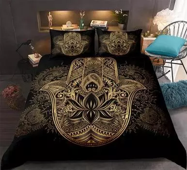 Комплект постельного белья Hamsa Hand Boho Mandala Duvet Cover Set Black Gold Bohemia Bed Set Fatima Hand Постельное белье Lucky Hand Quilt Cover 70x133cm 2pcs