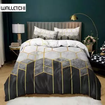 Комплект постельного белья Honeycomb Queen Size с геометрическим узором, микрофибра, золотой шестиугольник, пододеяльник, черный градиентный пододеяльник EU single(135x200cm)