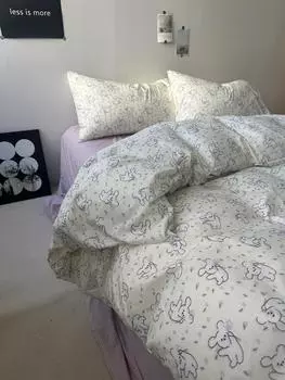 Комплект постельного белья Ins Style Ультрамягкий стираный хлопковый плюшевый мишка из четырех предметов, пододеяльник, простыня, комплект простыней для общежития 150x200 3pcs