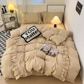 Комплект постельного белья Ins Style 2024, новый корейский стиль, кружевной рулон для девочек и мальчиков, размер Queen King Size, пододеяльник, комплект стеганого одеяла, стираный хлопок 150x200 3pcs