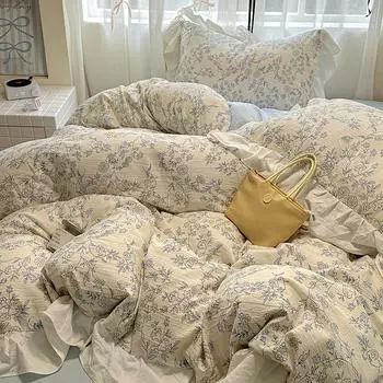 Комплект постельного белья Ins в корейском стиле с цветочным принтом 2024 года, новый комплект простыней из стираного хлопка с 4 предметами, комплект пододеяльников для девочек, постельное белье, декор для дома 150x200 3pcs