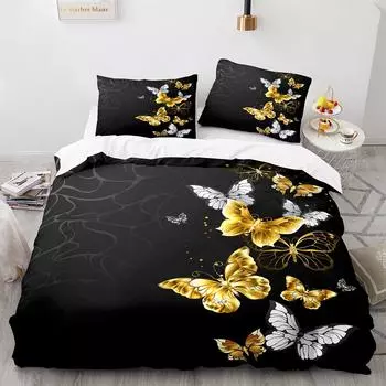 Комплект постельного белья из 2/3 предметов, черный и золотой, с бабочками, мягкий, удобный, пододеяльник 135X200cm