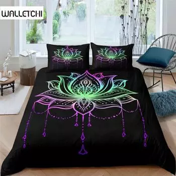 Комплект постельного белья из 2/3 предметов Bohemian Lotus, пододеяльник, пододеяльник с цветочным рисунком Mandala, черный полиэстер, комплект постельного белья для взрослых, размер Queen King Twin, подростков EU single(135x200cm)