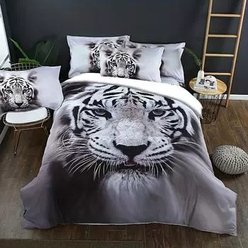Комплект постельного белья из 3 предметов «Белый тигр» — пододеяльник и наволочки с ярким HD-принтом, мягкие и уютные — идеально подходят для спальни, гостевой комнаты EU Single 135x200cm